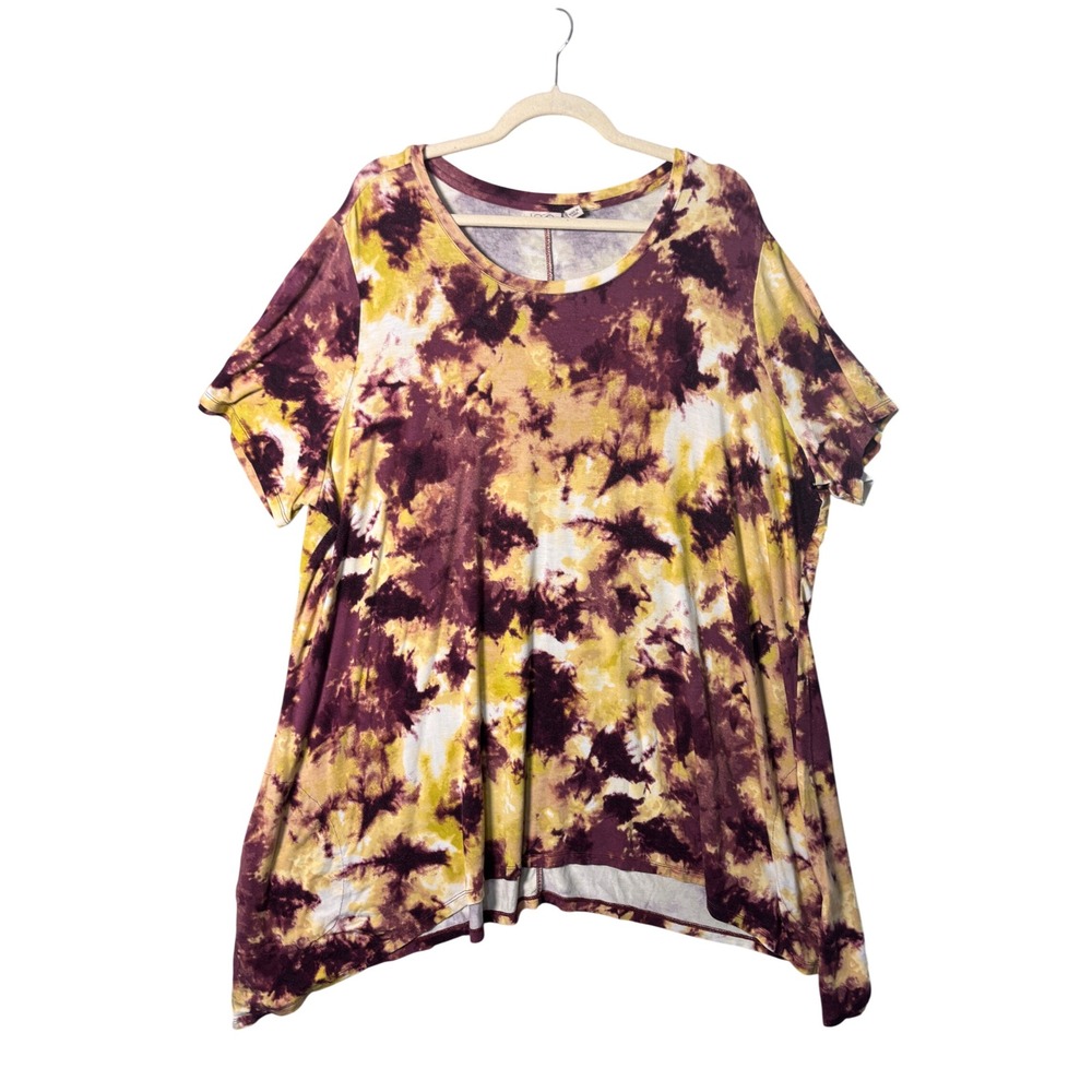 LOGO Lori Goldstein Women Top 3X Burgundy Yellow Tie Dye Sharkbite Boho Artistic